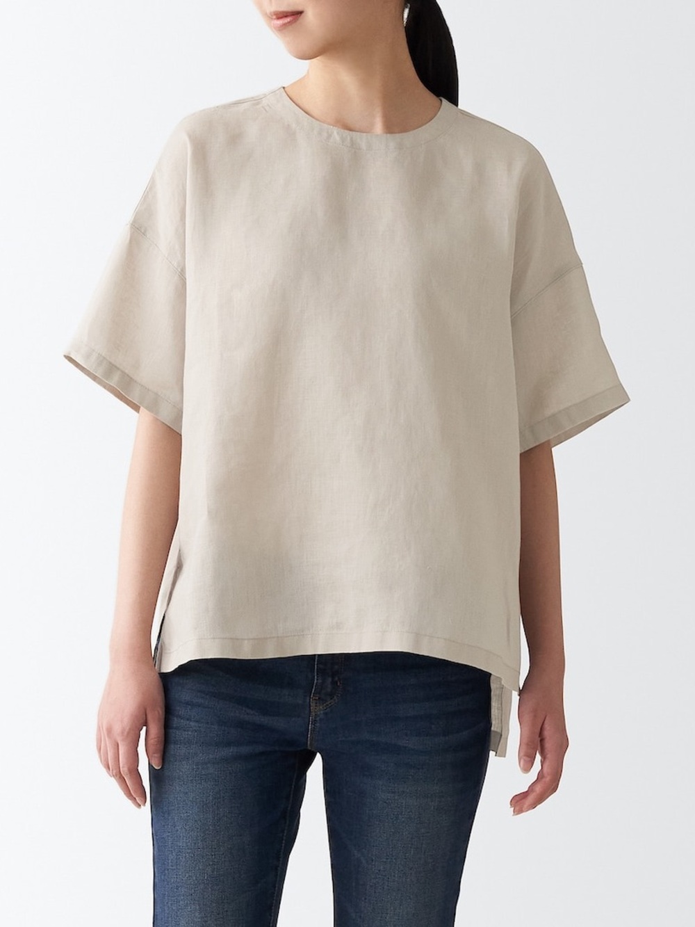 Muji Light Beige French Linen Boxy Short-Sleeve Top